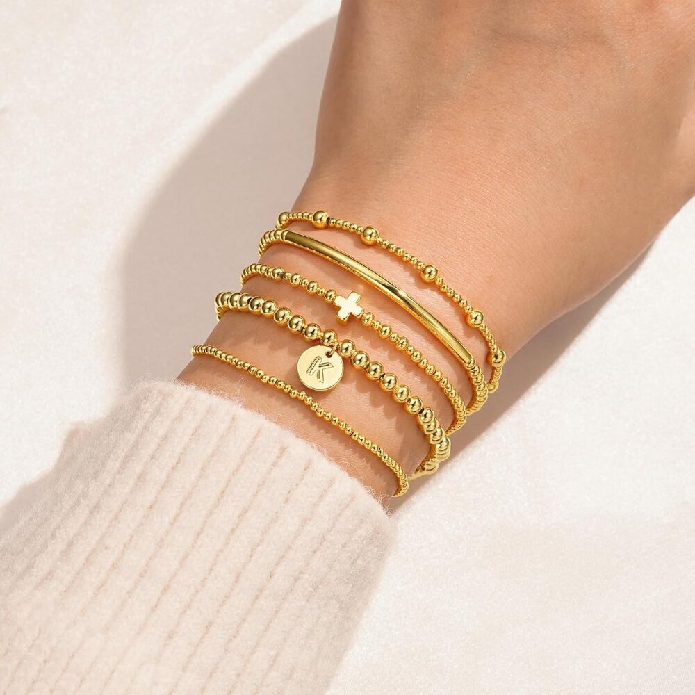 Gold Cross Bead Bracelets Set for Women Girls Dainty Layered Jewelry Gift - Picture 2 of 7